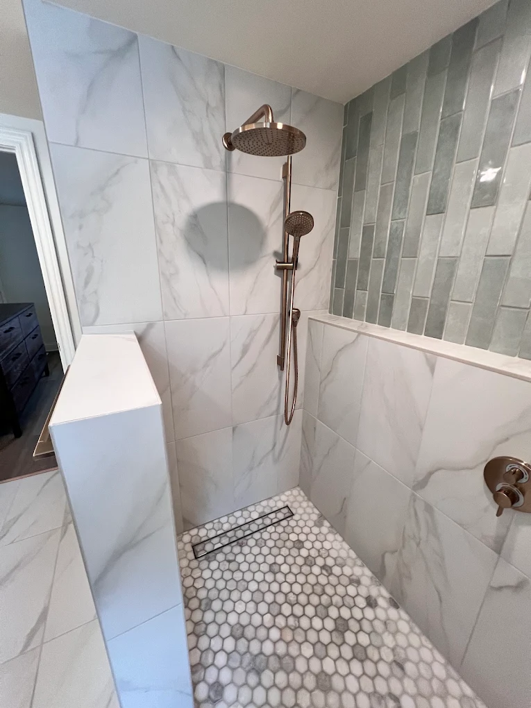 Fluted Oak & Sage Green after photo: Brushed bronze rain shower and hexagon mosaic floor
