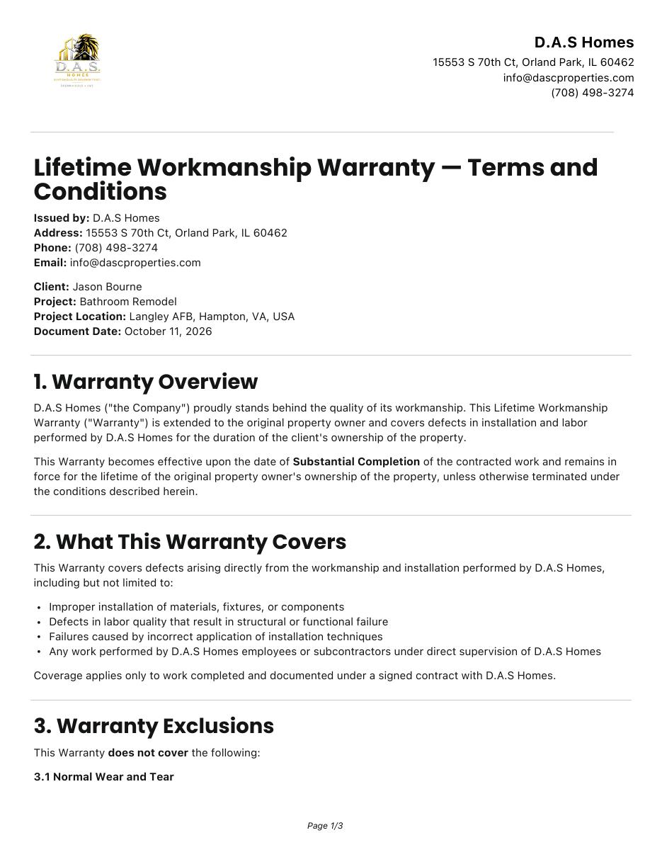 Sample Lifetime Workmanship Warranty document, page 1 of 3