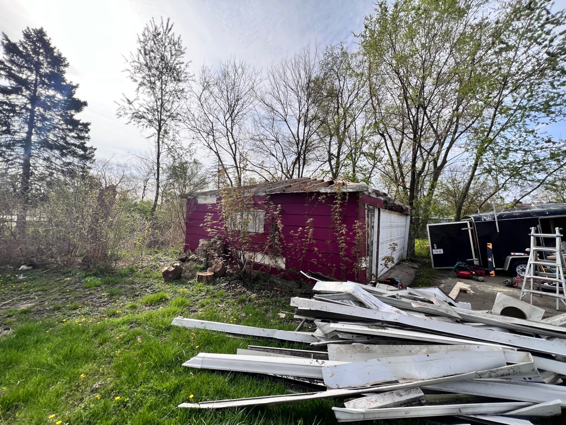 Winchester before photo: Original garage & overgrown yard