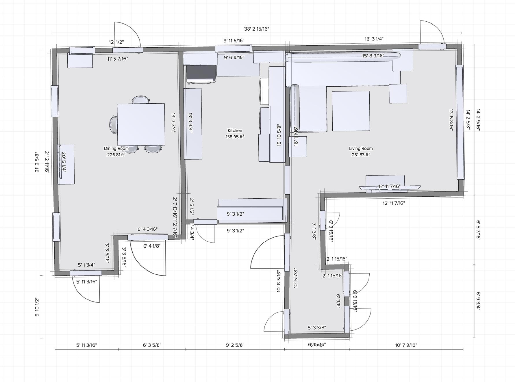 LiDAR-scanned floor plan showing the dining room, kitchen, living room, and measured dimensions