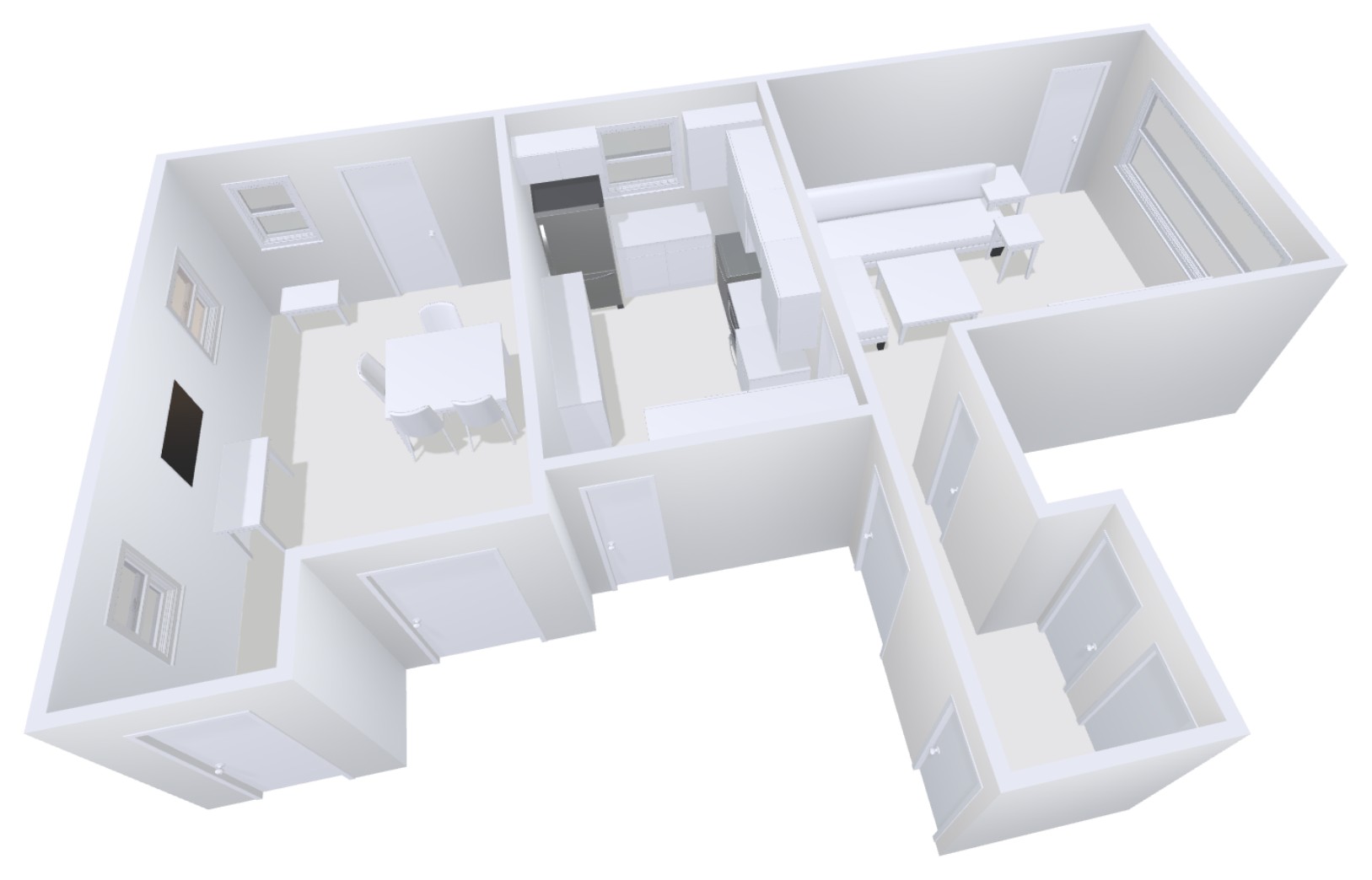 Three-dimensional model of a home layout seen from above, showing the dining area, kitchen, living room, and hallway