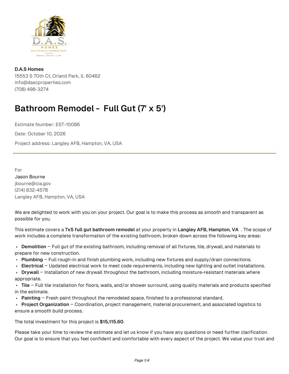First page of an example D.A.S. Homes estimate