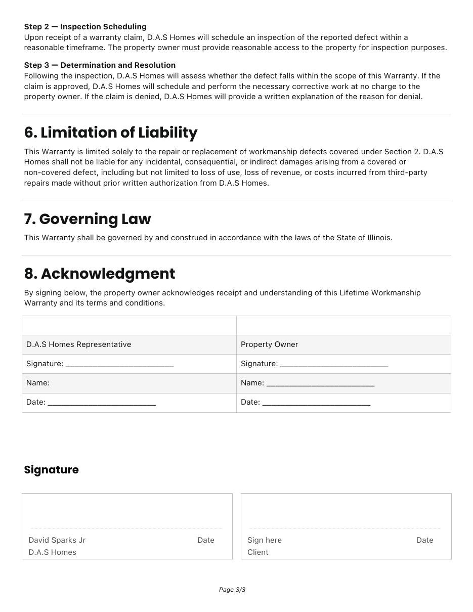 Sample Lifetime Workmanship Warranty document, page 3 of 3