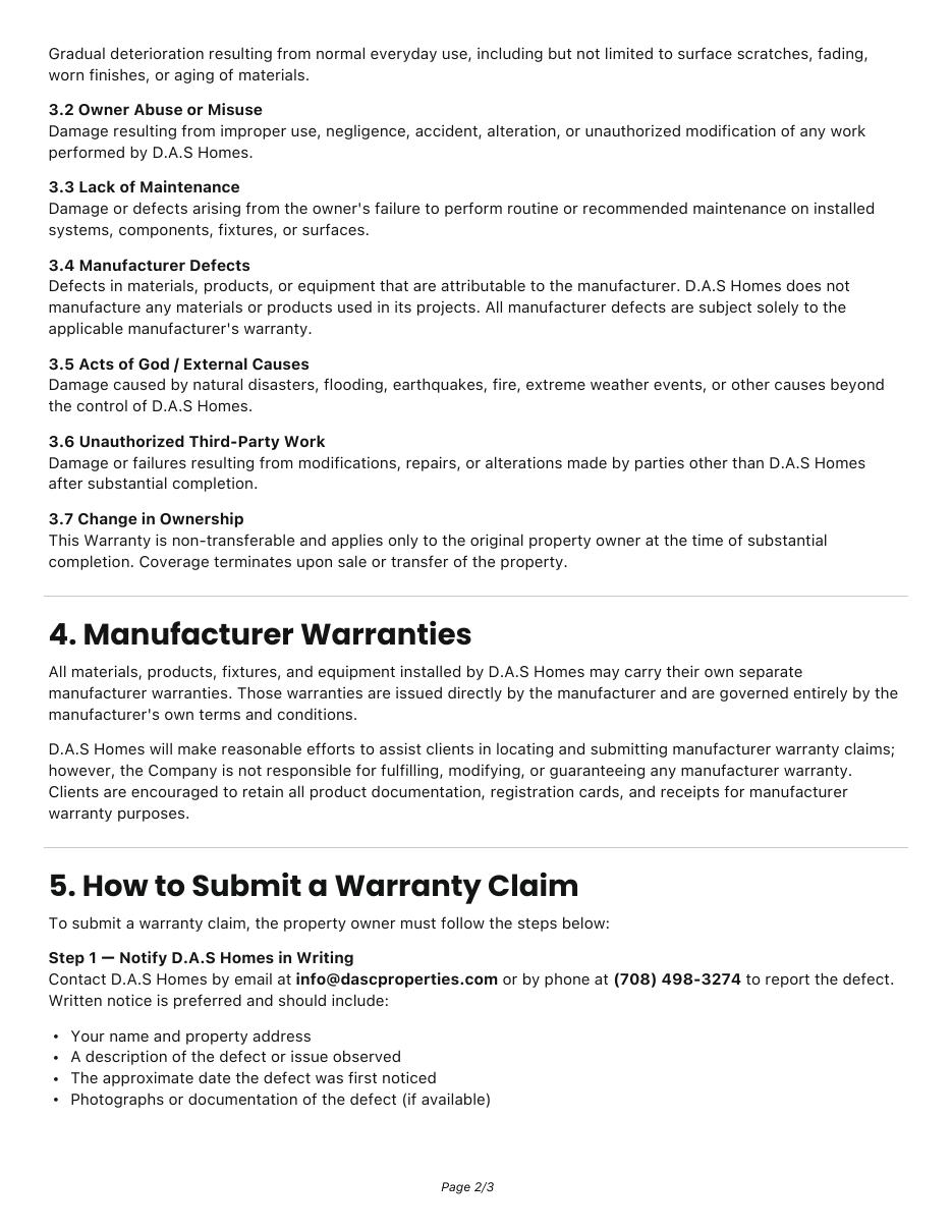 Sample Lifetime Workmanship Warranty document, page 2 of 3