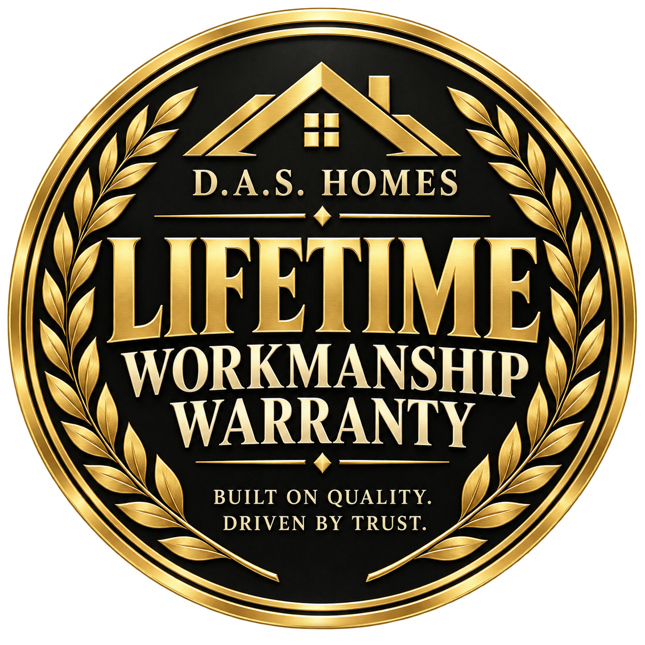 D.A.S. Homes Lifetime Workmanship Warranty badge — Built on Quality. Driven by Trust.
